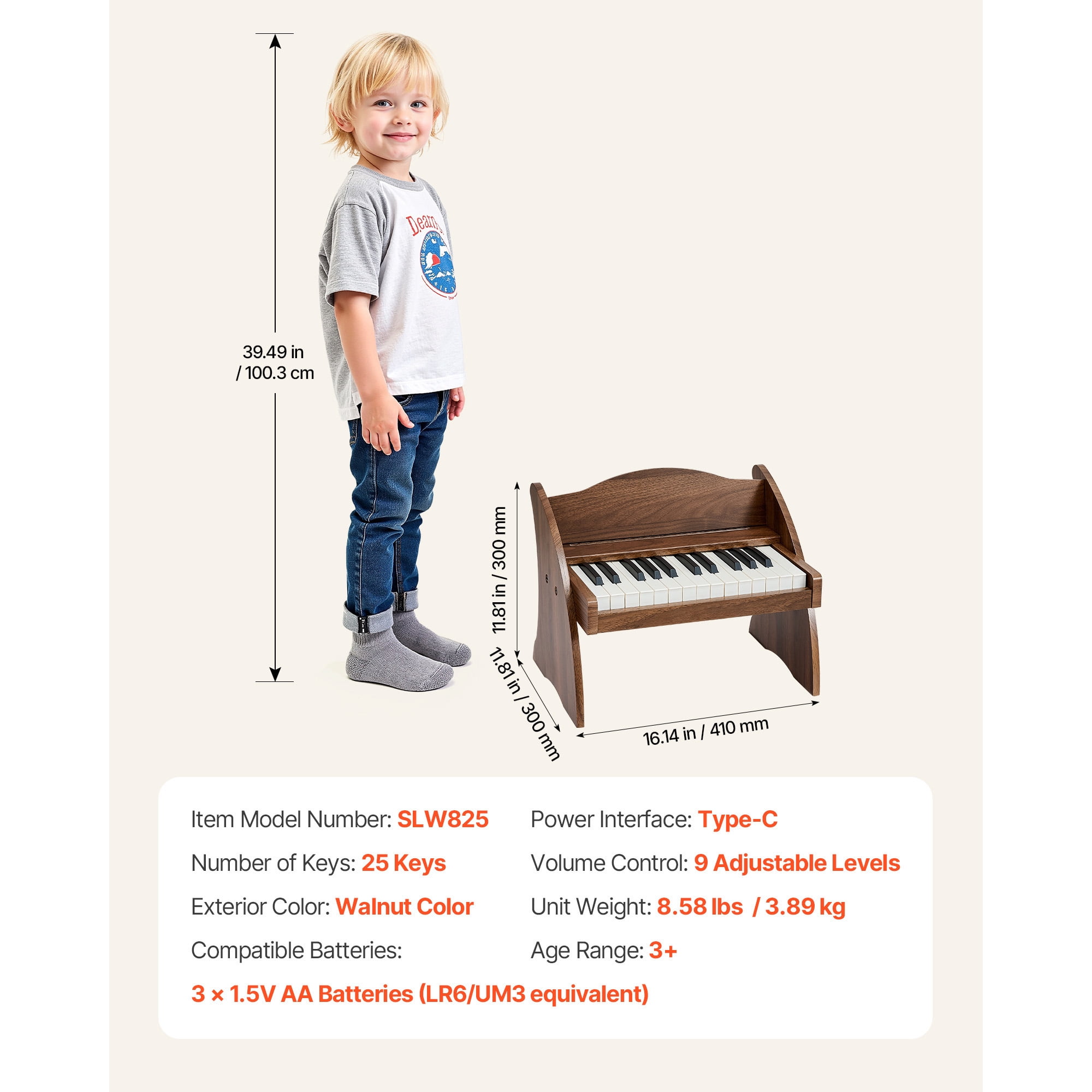 KFFKFF 25-Key Wooden Digital Piano for Kids, Mini Educational Music Instrument with Realistic Sound, Dual Power Options, Adjustable Volume, Ideal for Toddlers and Children, Walnut Finish