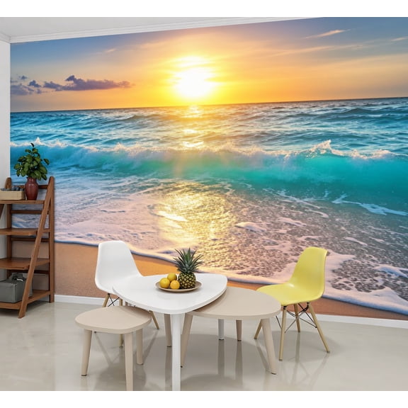 Wallpaper Beach Sunset Nature Ocean Waves Foamy Shoreline Sandy Peel and Stick Wall Murals 69"H x 96"W Removable PVC Wall Paper Self-Adhesive Wall Paintings Art Decor for Bedroom Living Room