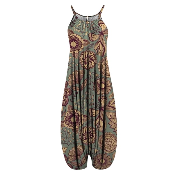 Gibobby Mono Bombachos Mono informal sin mangas con tirantes y espalda descubierta para mujer, peto con bolsillo lateral y estampado Vintage, pantalones(Verde, XL)