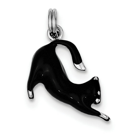 Sterling Silver Rhodium-Platedblack Enamel Cat Charm (25 X 18) Made In China qc6243