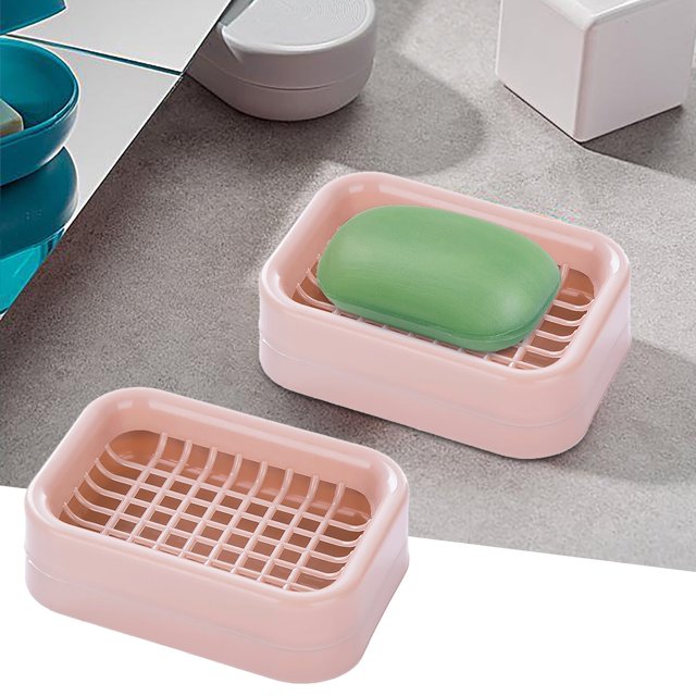 Oleegame 1PC Spoon And Lid Rest Bathroom Double Layer Grid Drain Soap Box Dish Storage Case Holder Container Double Layer Grid Design Storage Pink