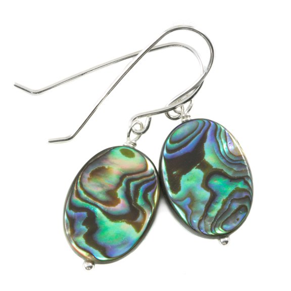 Abalone Earrings Mother of Pearl Paua Shell Peacock Blue Green Dainty Oval MOP Drops Sterling Silver Spyglass Designs