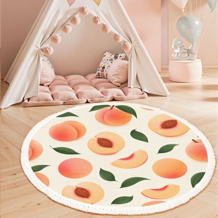 Washable Non Slip 3ft Round Rug Peach fruit sliced pieces Summer tropical endless fruit Circle Area Rugs with Tassels Carpet for Nursery Bedroom Living Room Playroom Tent rug Tent Castle