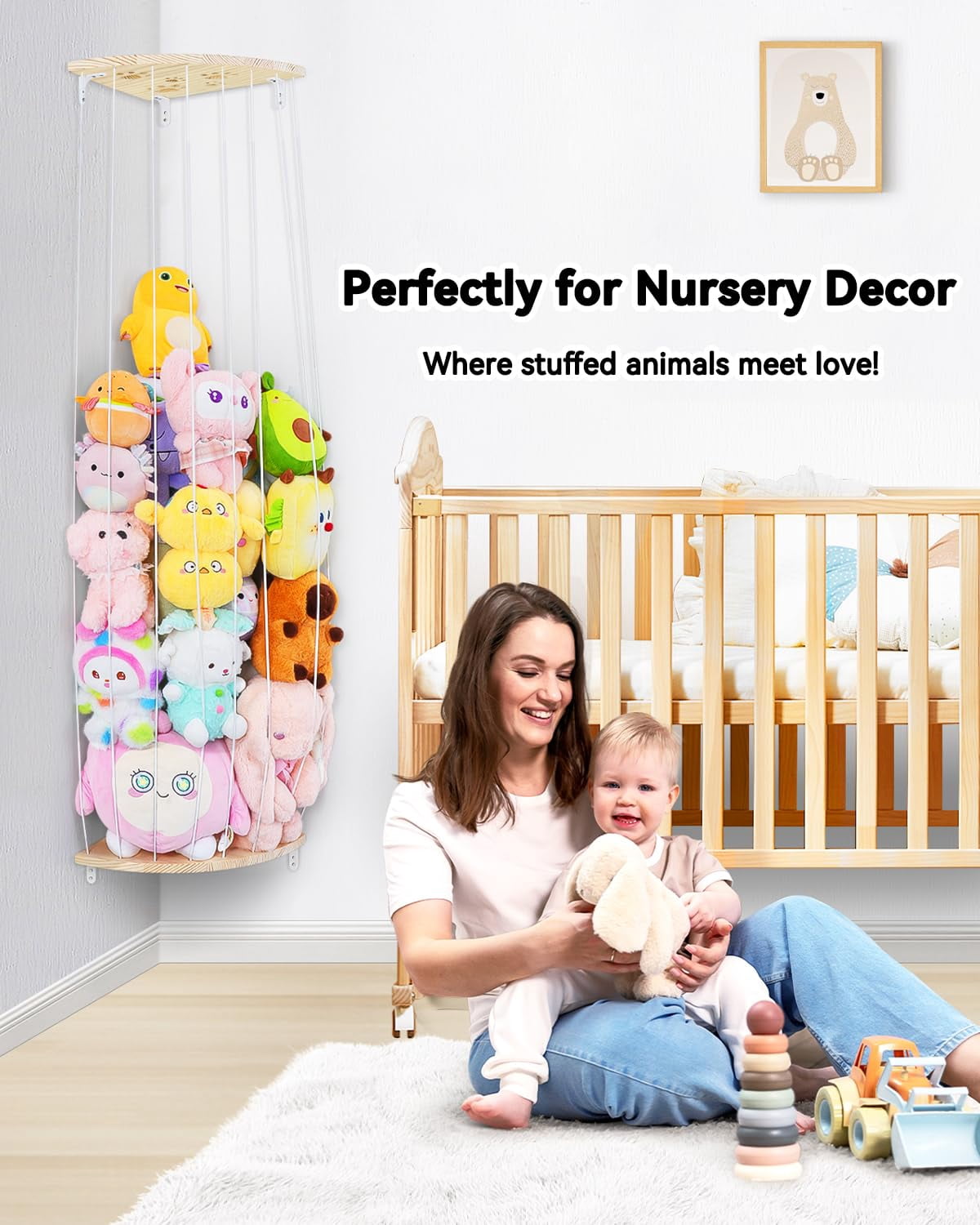Corner Stuffed Animal Storage Net - Heigh Adjustable Wood Stuffed Animal Organizer - Large Wall Plush Holder Teddy Bear Storage for Bedroom Kids Room Nursery Decor