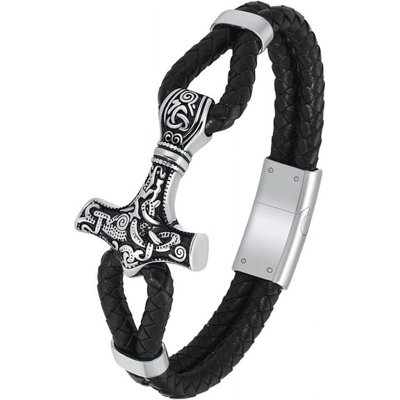 Viking Thor's Hammer Cremation Bracelet for Ashes for Men Braided Leather Wristband Cuff Bangle Memorial Urn Jewelry Funeral Keepsake Gift