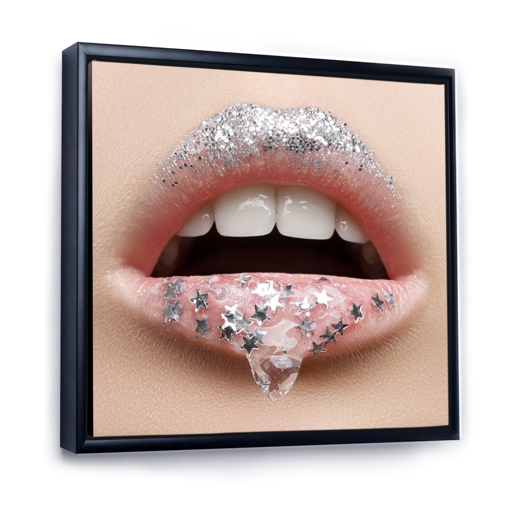 Designart 'Woman Lips With A Gel On The Lips & Stars' Modern Framed Canvas Wall Art Print