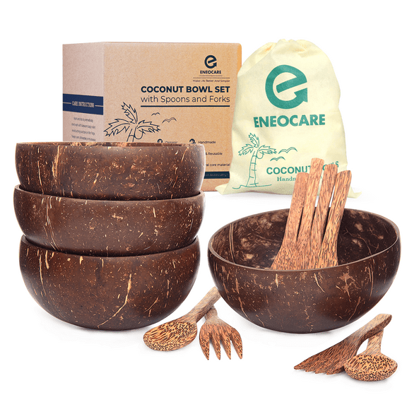 Eneocare Set of 4 Natural Coconut Bowls with Wooden Spoons and Forks | Unique Gift Set, Perfect for Smoothie Bowls, Acai Bowls, Buddha Bowls
