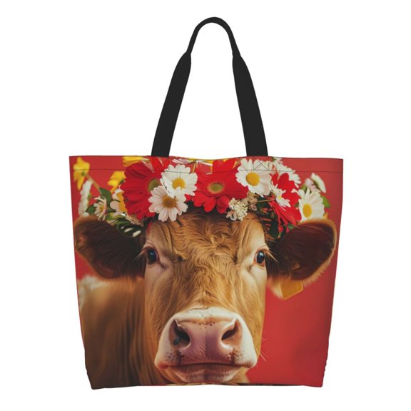 Rocae White And Red Daisy Cow for Big Capacity Shoulder Bag with Pockets,Tote Bag for Women Handbag