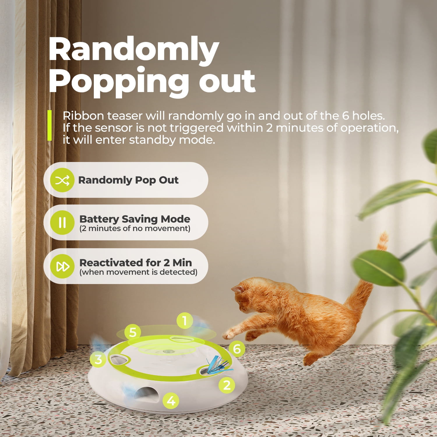 All For Paws Whack-a-Mole Interactive Cat Teaser Toy with Motion Sensor, 6 Holes Automatic Feather Mice Toy for Indoor Cats