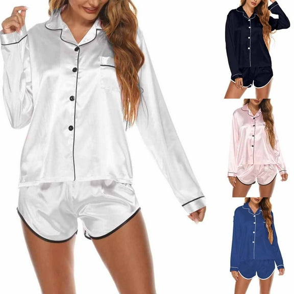 HAPIMO Women's Satin Silky Long Sleeve Sleepshirt Button Down Nightgowns Heart Casual Comfy 2 Piece Sleepwear PJs White M