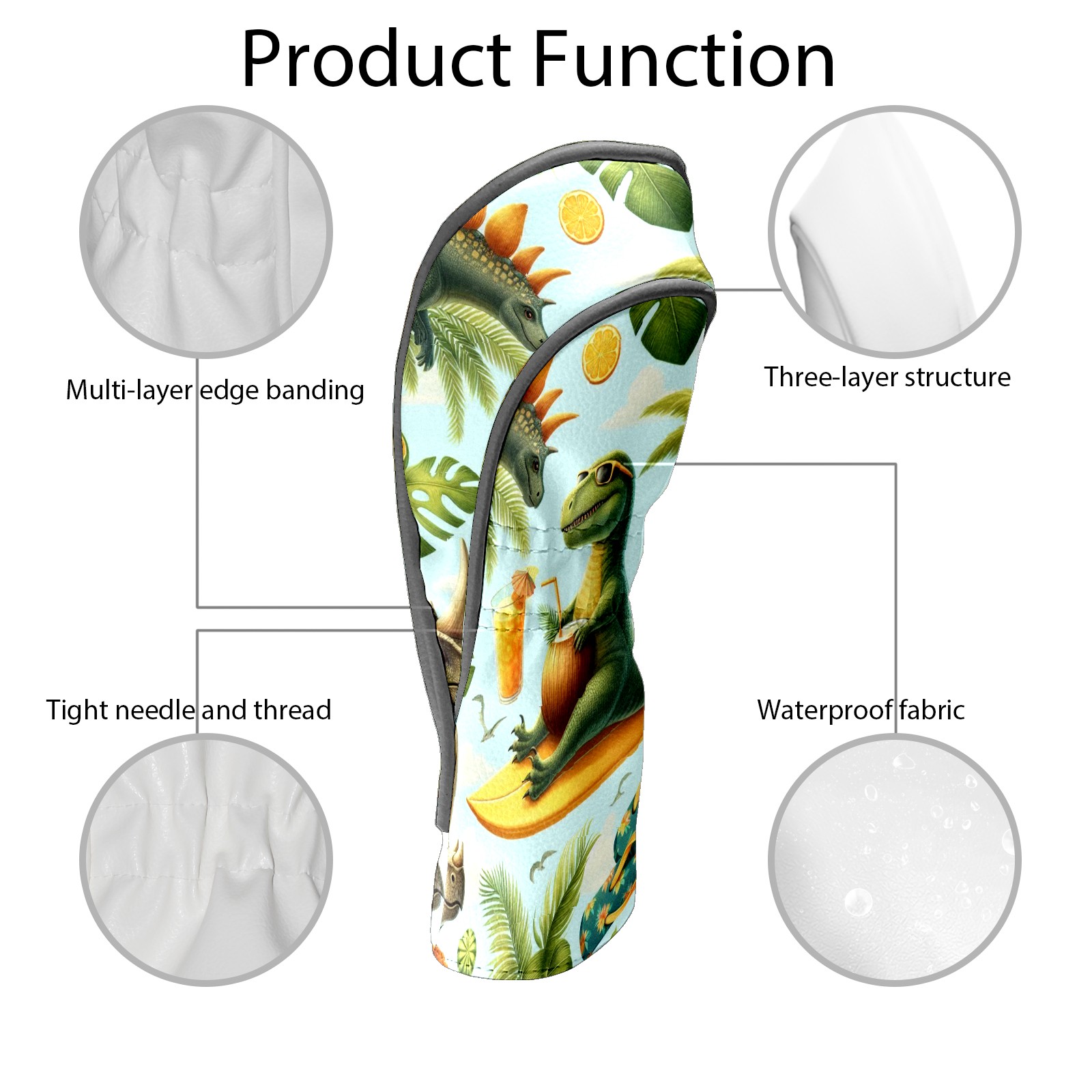 Golf Club Covers, Green Dino Tropical Premium PU Leather Driver Hybrid Putter Head Covers with Velvet Lining, Waterproof Golf Gifts for Men Women