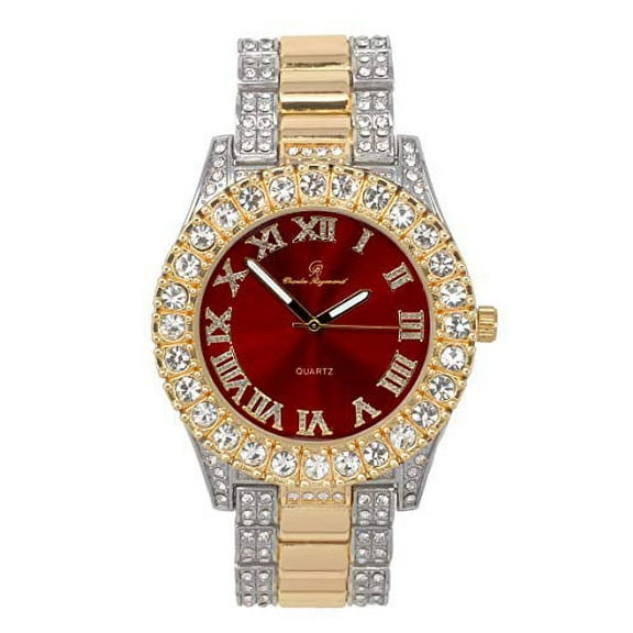 Charles Raymond Blinged Out Round Metal Mens Color on Blast Iced Out Hip Hop Wristwatch with Diamond Time Indicators - Ice on Fire!!! - ST10348 (Two Tone - Red)