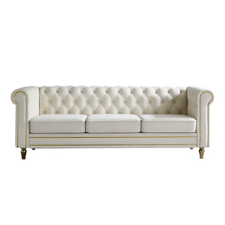 Elegant Chesterfield Velvet Sofa - 84.65" Beige 3-Seater for Living Room | Plush Foam, Solid Wood Frame, Gold Trim, Modern Style