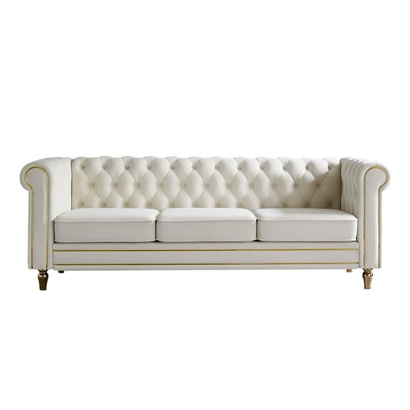 Elegant Chesterfield Velvet Sofa - 84.65" Beige 3-Seater for Living Room | Plush Foam, Solid Wood Frame, Gold Trim, Modern Style
