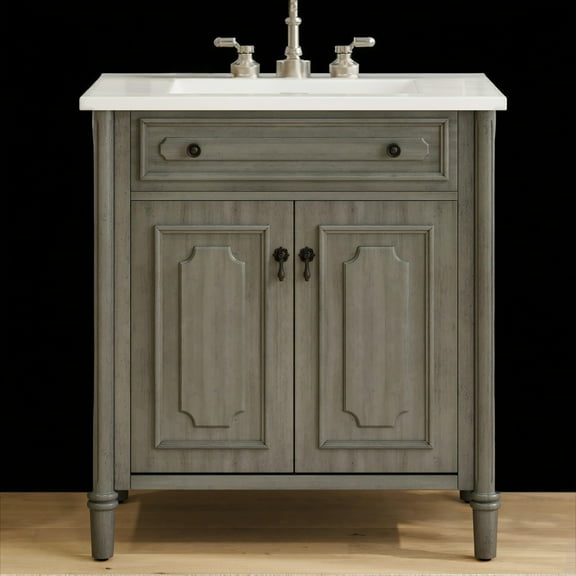 31" Bathroom Vanity with Ceramic Sink, Vintage Bathroom Cabinet with Adjustable Shelf, 2 Doors & Rubber Wood Legs, Antique Gray