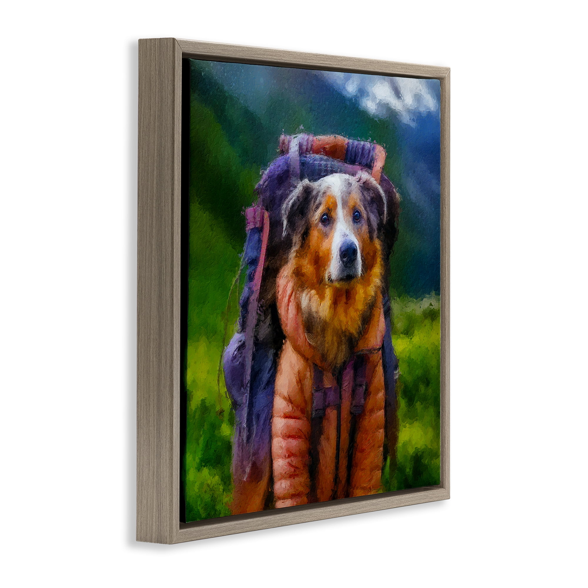 Stupell Industries Backpacking Hiker Dog Brown Framed Floater Canvas Wall Art, design by Sean Parnell