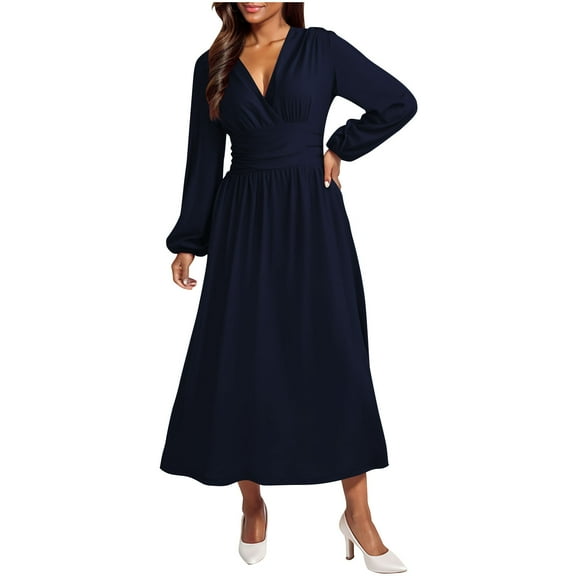 Wdfiry Dress for Women Solid Color V Neck Puff Long Sleeve Dress Casual Tummy Control A-Line Pleated Midi Dresses