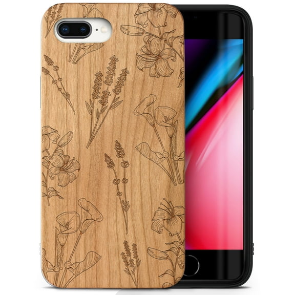 Case Yard Wooden Case Outside Soft TPU Silicone, Slim Fit Shockproof Wood Protective Phone Cover for Girls Boys Men and Women, Supports Wireless Charging Flowers X Design case for iPhone-8-Plus