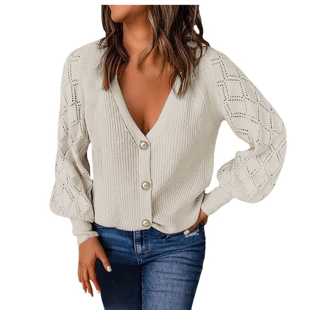 TINZ Women's Fall Solid Color Check Sleeve Sweater Coat Women's Loose Cardigan Sweater Front Open Coat Heart Print Cardigan Knit Jackets for Women Open Front