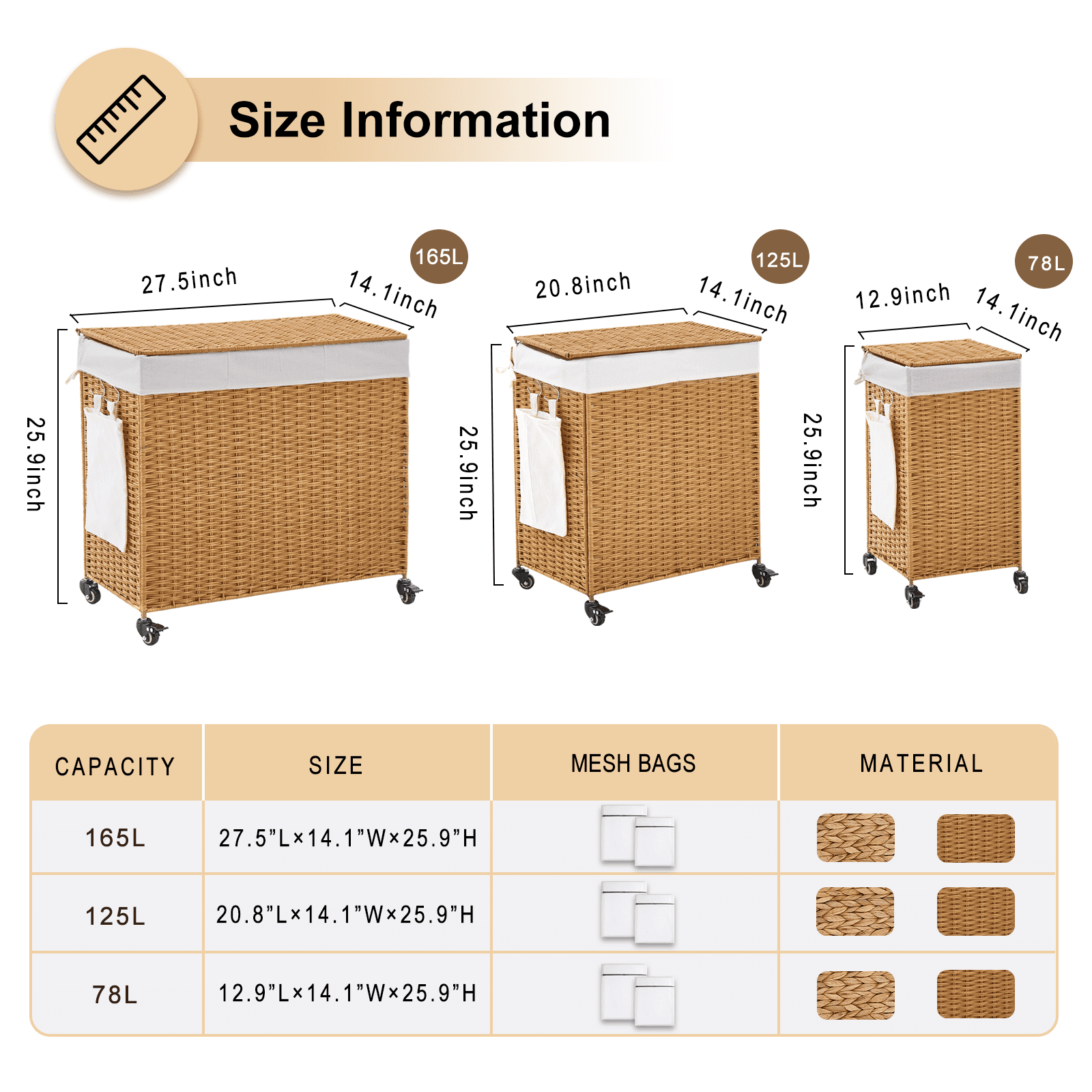 78L Laundry Hamper with Lid and Wheels, Woven Rattan Rolling Laundry Hamper