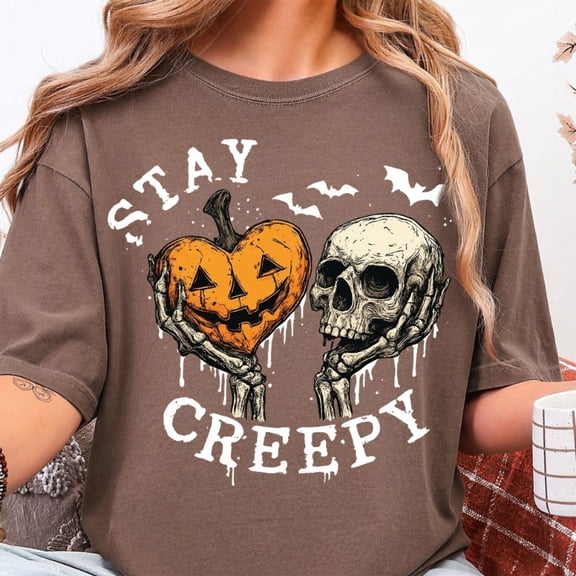 Stay Creepy Halloween T-Shirt, Pumpkin Skull Graphic Tee, Retro Spooky Season Shirt, Vintage Comfort Colors Halloween Apparel Gift for Her - Espresso, S