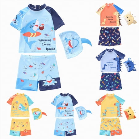 YDFCWXW Kids Baby Boys Two Piece Cartoon Print Short Sleeve Swimsuits UV Rash Guard Swimwear Bathing Suits with Cap (Orange 2-3 Years)