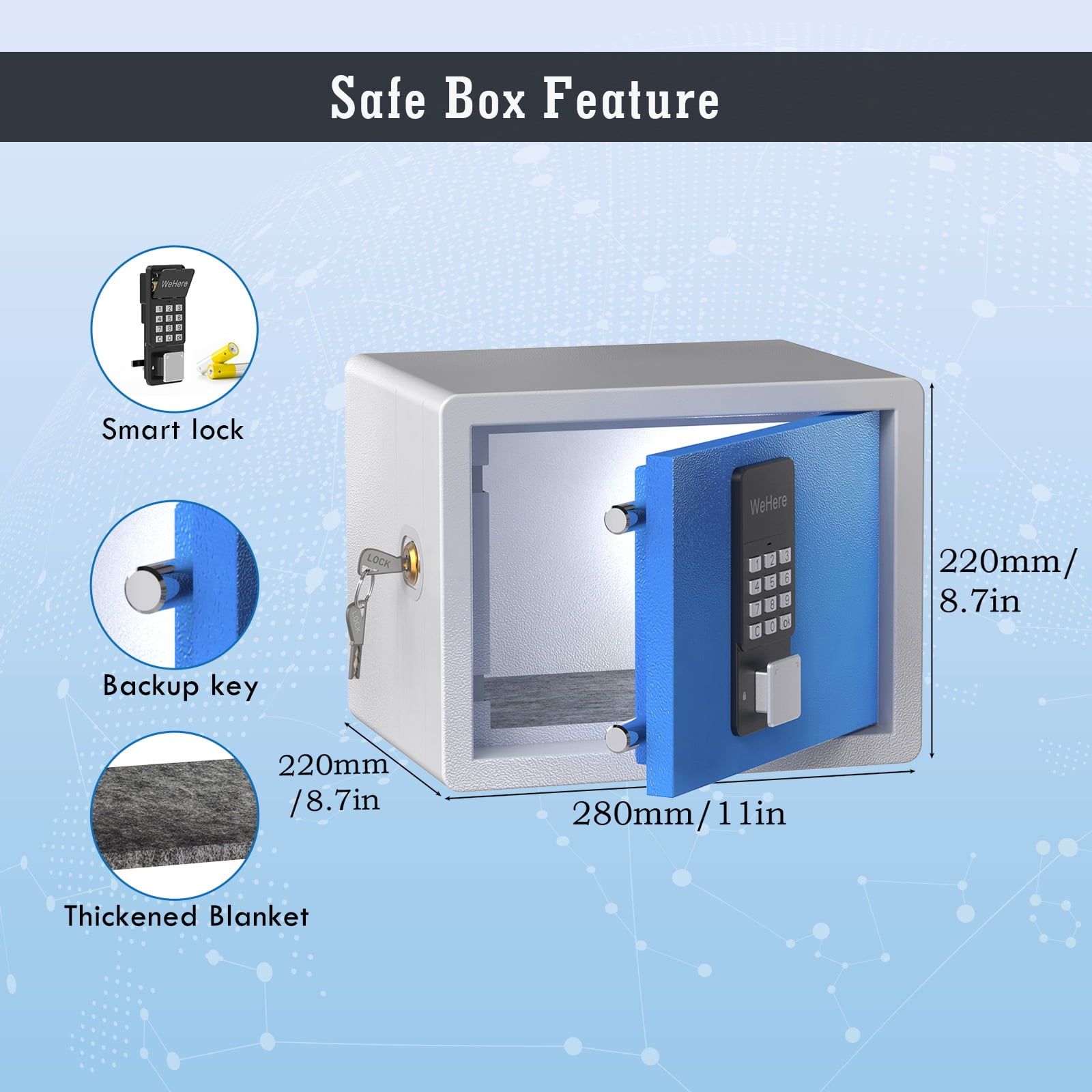 WeHere Safe Box with Smart Lock, 4-Ways Unlocking, Storage Money, Jewelry for Home, 0.45 Cubic feet