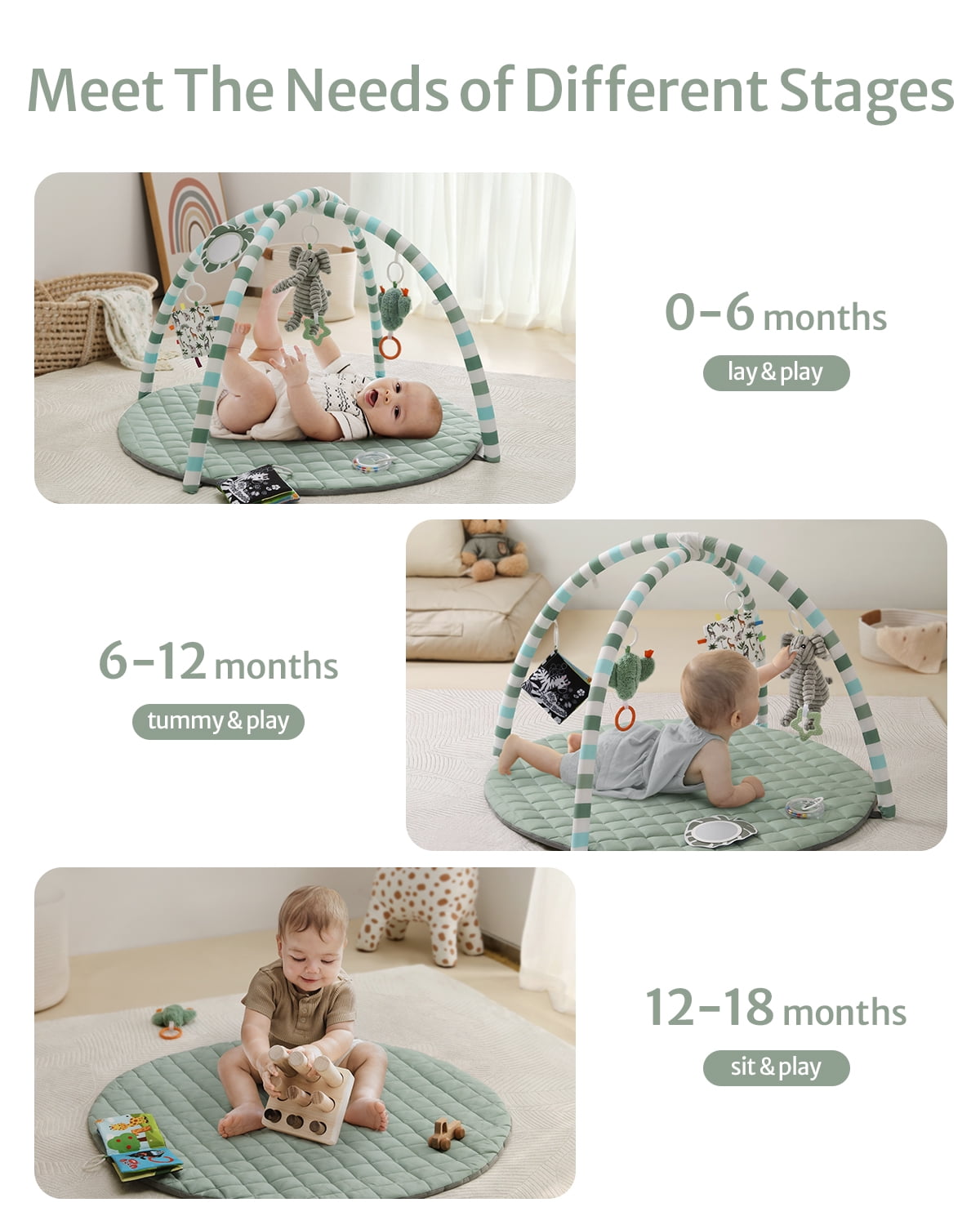 Blissful Diary Baby Play Gym Activity Mat, Tummy Time Mat Play Mat with 6 Sensory Toys for Motor Skill Development, Newborn Infant Baby Essentials Gift for Boys Girls, Sage Green