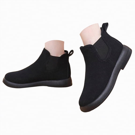 CAICJ98 Women’s Snow Boots Warm Lining Mini Ankle Boots With Fluffy Trim and Buckle Decor Slip On Comfort Shoes Winter Boots Women (Black,Size 6.5)