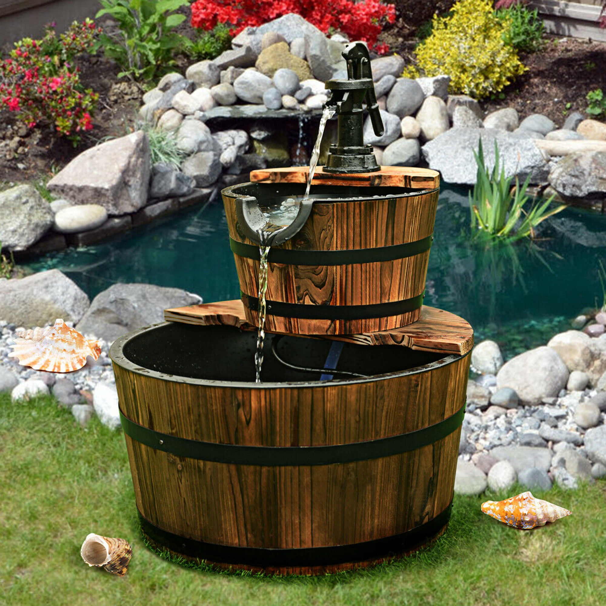 Costway 2 Tier Barrel Waterfall Fountain Barrel Wooden Water Fountain Pump Outdoor Garden