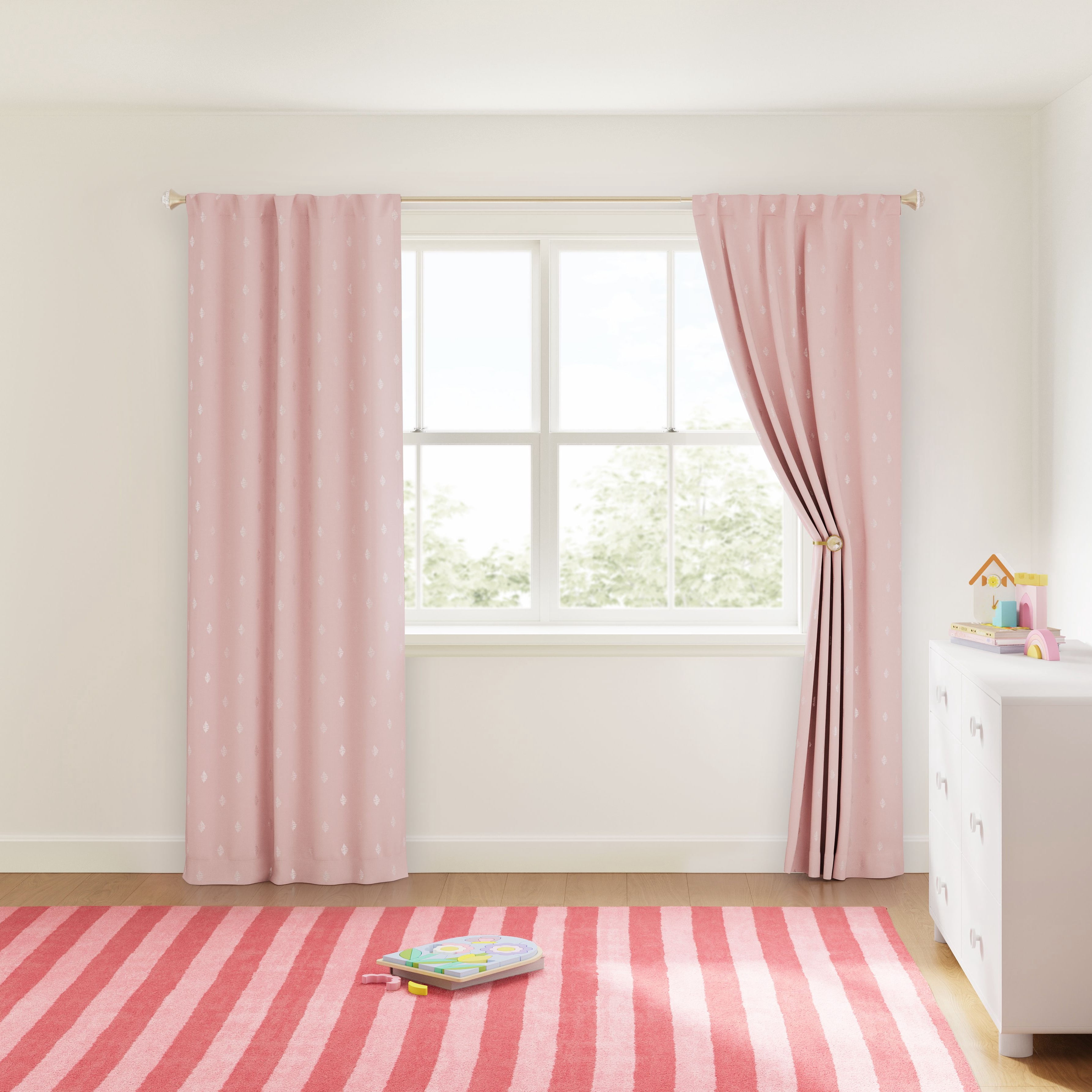Mainstays Kids Soft Pink Metallic Puff Print Diamond Blackout Single Curtain Panel, Rod Pocket with Back Tabs, 38 in x 84 in