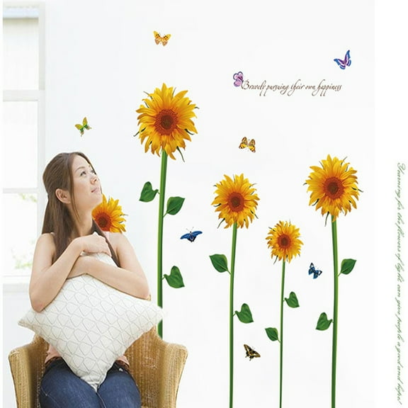 Butterfly Beautiful Sunflower Wall Decal DIY PVC Transparent Film for Kindergarten Living Room Children's Room TV Sofa Background Wall Art Decors Window Dressing Living Room