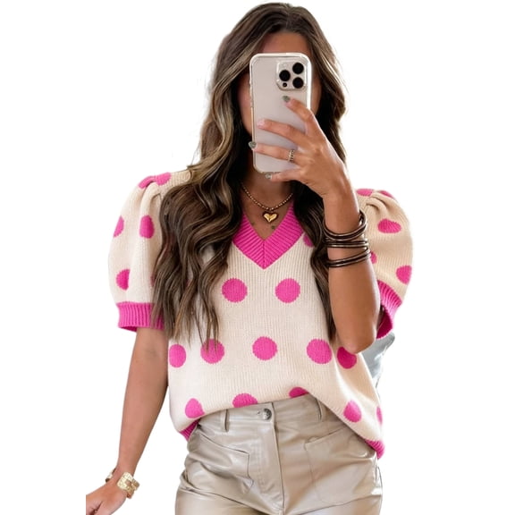 Women's Pink Polka Dot Sweater Top – V-Neck Puff Short Sleeve Summer Knit, Casual Shift Silhouette, XL