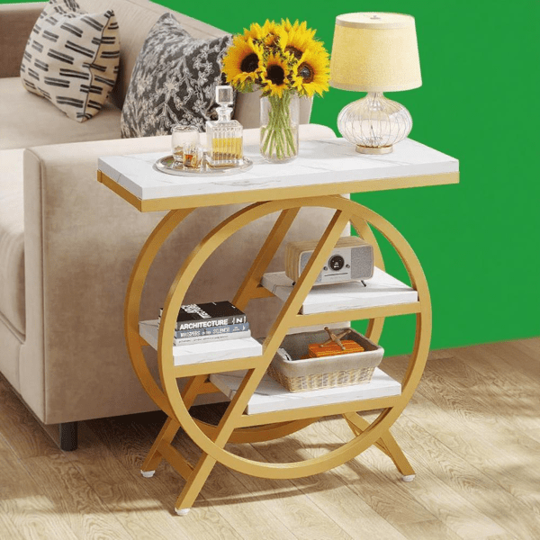 3-Tier Industrial End Table, Slim Side Table with Open Storage, Wood & Metal Frame for Living Room/Bedroom/Office