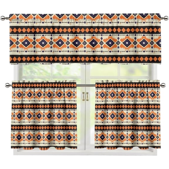 Tribal Print Kitchen Curtains 3 Piece Set Rustic Kitchen Curtains Light Filtering Window Drapes Easy Install Rod Pocket Kitchen Toppers and Valances