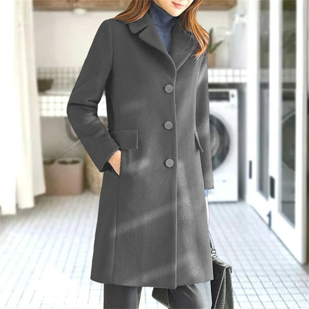 Chaqueta y abrigo informal de manga larga sin capucha para mujer, de lana, con bolsillos, color liso y botonadura larga, a la moda