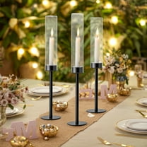 JIAN YA NA Metal Taper Candle Holders with Glass Hurricane Cover, 3 Pack Candlestick Holders Set for Wedding, Dinning, Party (Black)