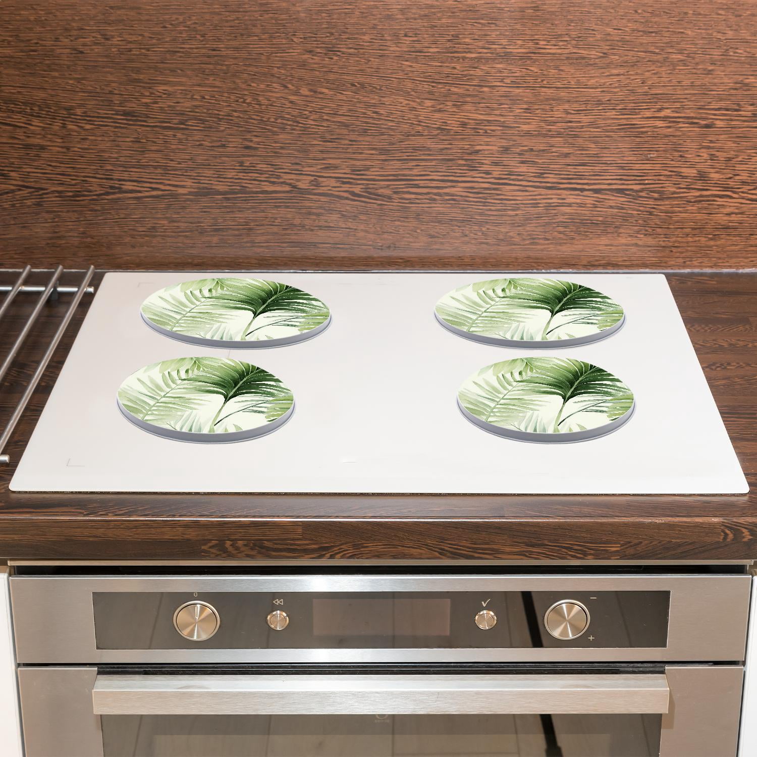 Round Stove Burner Covers 4 Pcs for Home Decor Cooktop Decorative ,Tropical Plant Green Palm Leaf lovely, Metal Round Stove Burner Covers 8Inch And 10Inch