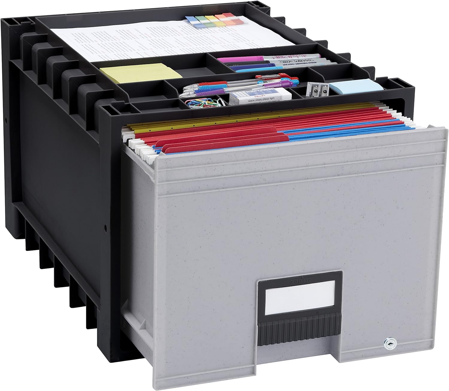Hiraeth Zej Black Plastic Archive Storage Drawer, Letter Size, 18 Inch, Locking, Stackable Office File Organizer, 1 Unit