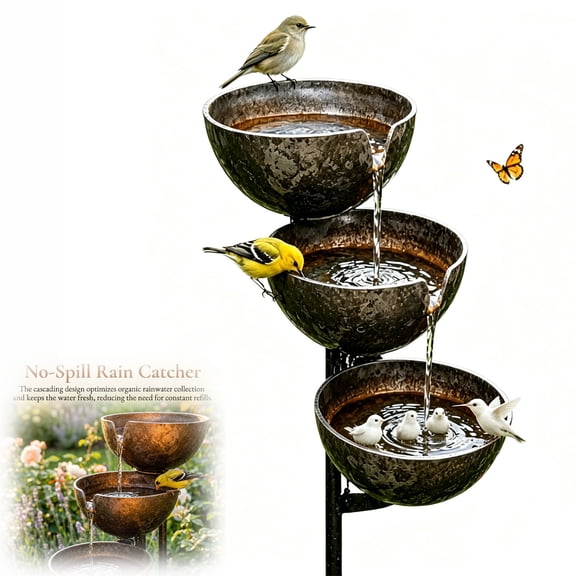 Rain Catcher Bird Bath – 3-Layer Metal Garden Stake, Rustic Stacked Bowls Rain Gauge for Yard, Bee & Hummingbird Water Station(1PC)