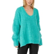 Free People Womens Blue Bell V Neck Sweater X-Small Electric Teal