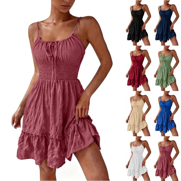 HBBIKVI Smocked Waist Mini Dress for Women Summer Off-Shoulder Sleeveless Fit and Flare Dress with Tiered Ruffle Hem and Front Tie Detail for Vacation Outings