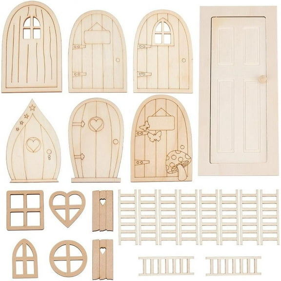 1 Set/23pcs Mini Dollhouse Door Kit Miniature Wooden Door Window Set Wooden Doors Miniature Furniture Ladders Door Set