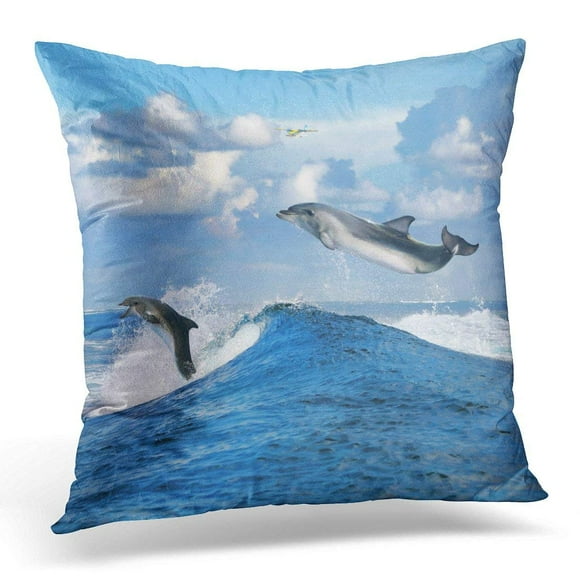 BSDHOME Beautiful Cloudy Seascape in Daylight and Two Happy Dolphins Jumping Out from Blue Curly Breaking Surfing Pillow Case Pillow Cover 18x18 inch