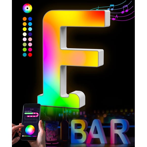 LED Rainbow Letter Lights Sign -Splicing Name Logo Gifts 26 Alphabet Color Changing Light Up Letters Sign for Wedding Birthday Party USB Night Light Christmas Lamp Home Bar Decoration (F)