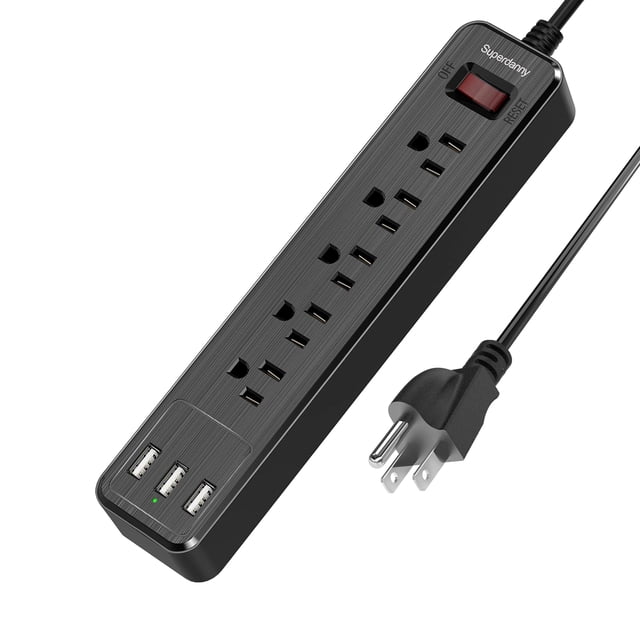Protector contra sobretensiones USB, cable de extensión montable SUPERDANNY con 5 salidas USB, 3 puertos USB con cierre de gancho y bucle para iPhone, iPad, PC, hogar, oficina, viajes
