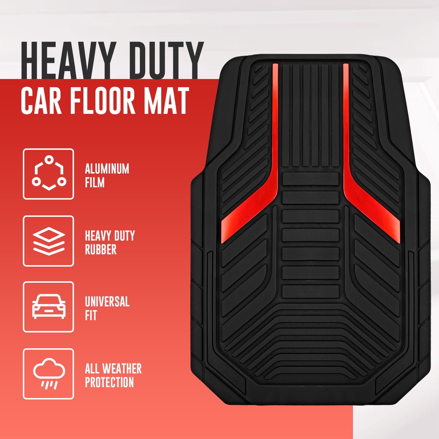 Road Comforts Heavy Duty Rubber Floor Mats Red Aluminum Film Car Mats Set, Front and Rear Car Mats