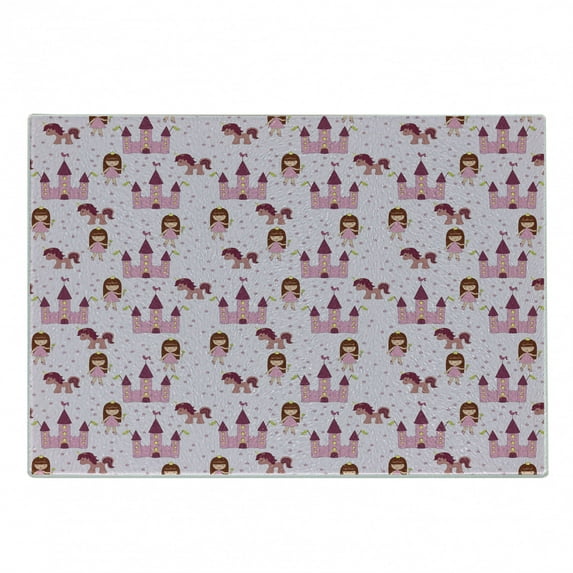 Fantasy Cutting Board, Cartoon with Castle and Unicorn Stars Background Cartoon Drawing Style, Decorative Tempered Glass Cutting and Serving Board, Small Size, Pale Mauve Brown Pink, by Ambesonne