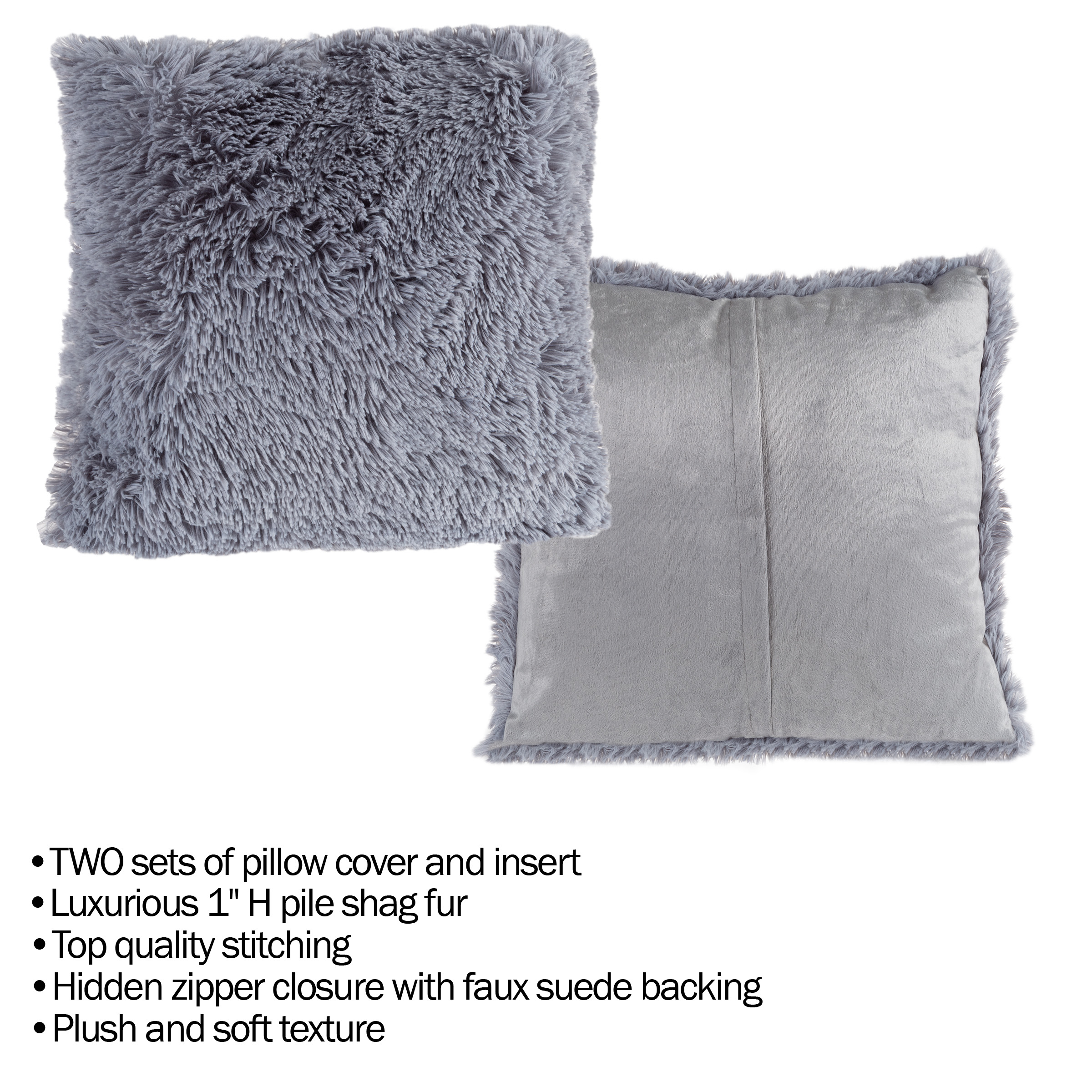 Somerset Home Faux Fur Pillow for Adult– Square Covers & Inserts (Gray/2-piece) - image 3 of 3