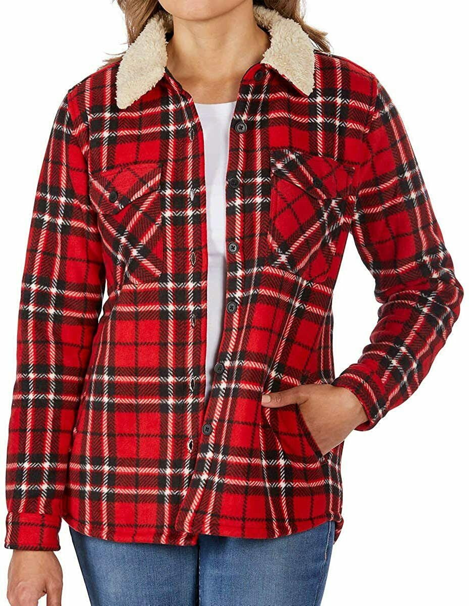 Women's Long Sleeve Plaid Fleece Jackets| Super Plush Sherpa Lined Shirt Jacket Tops with 